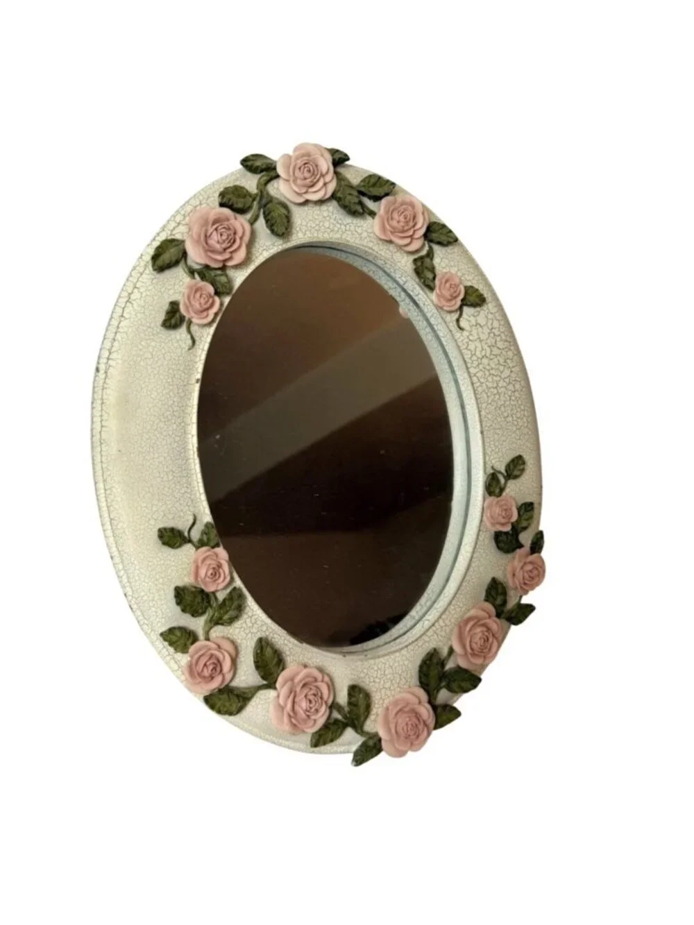 Homco Oval Mirror Roses Distressed White Frame VTG Shabby Chic French Country